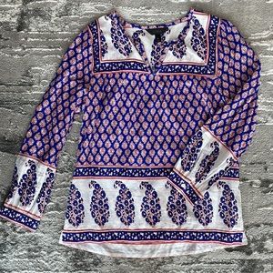 J. CREW Blue/Pink Cotton Paisley Print Long Sleeve Popover Top/Blouse XS/00